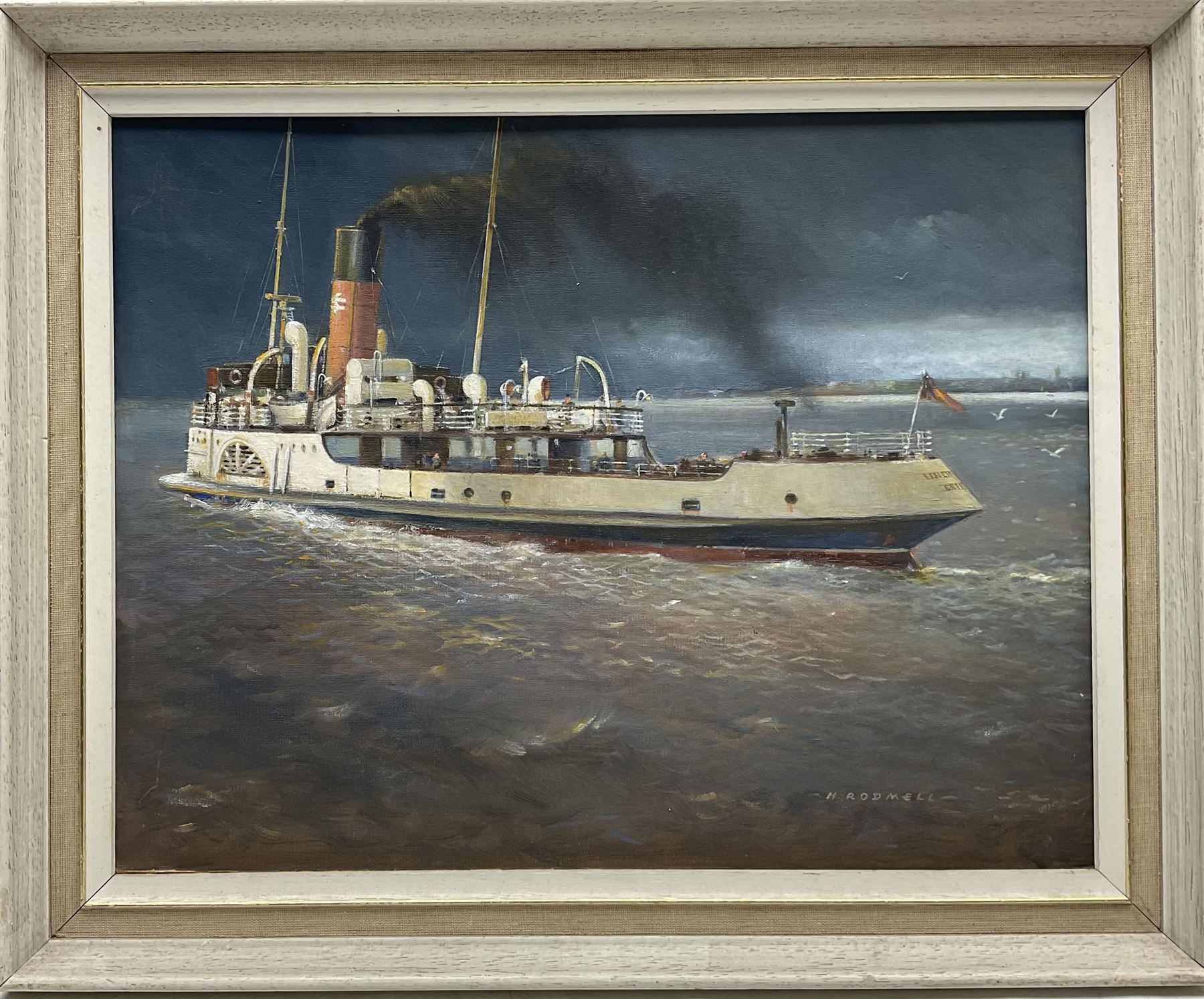 Herbert Rodmell (British 1913-1994): 'The Humber Ferry P.S. Lincoln Castle', oil on board signed, exhibition label verso 35cm x 45cm
