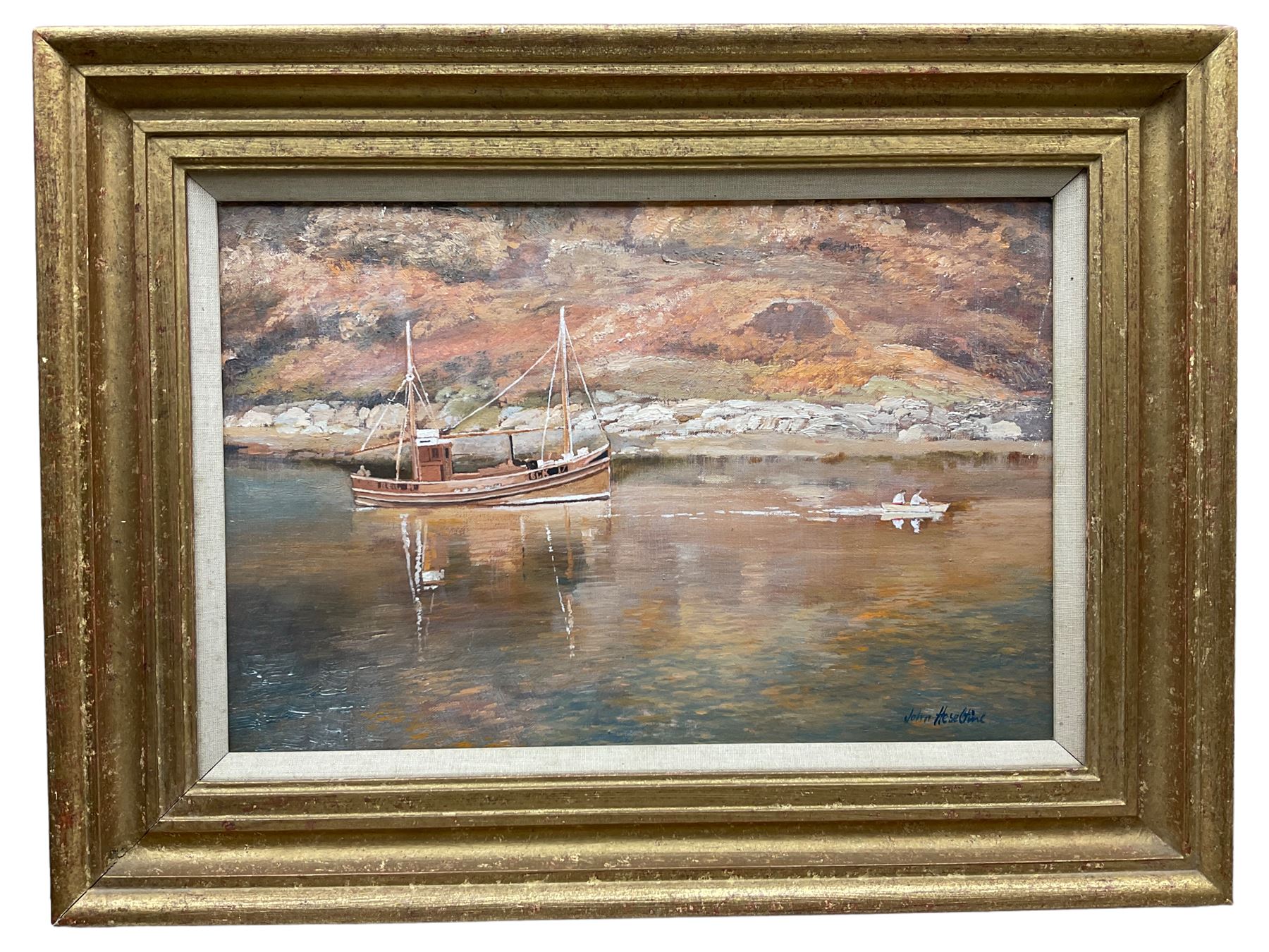 John Heseltine (British 1923-2016): Boat at Anchor in Sunny Bay, oil on canvas signed 29cm x 44cm