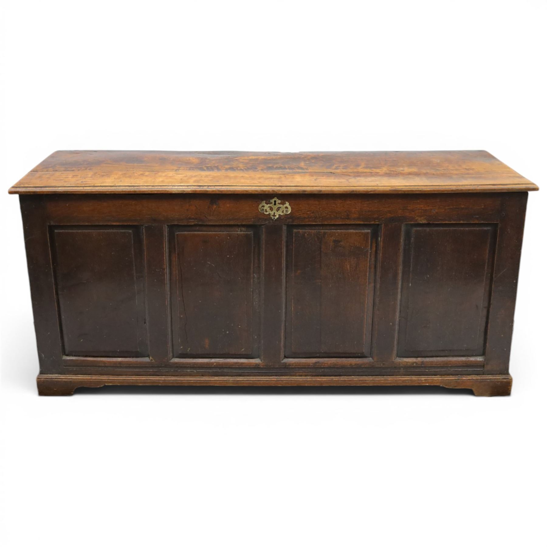 18th century oak coffer, rectangular top with moulded top, four fielded panel front, raised on a moulded plinth base