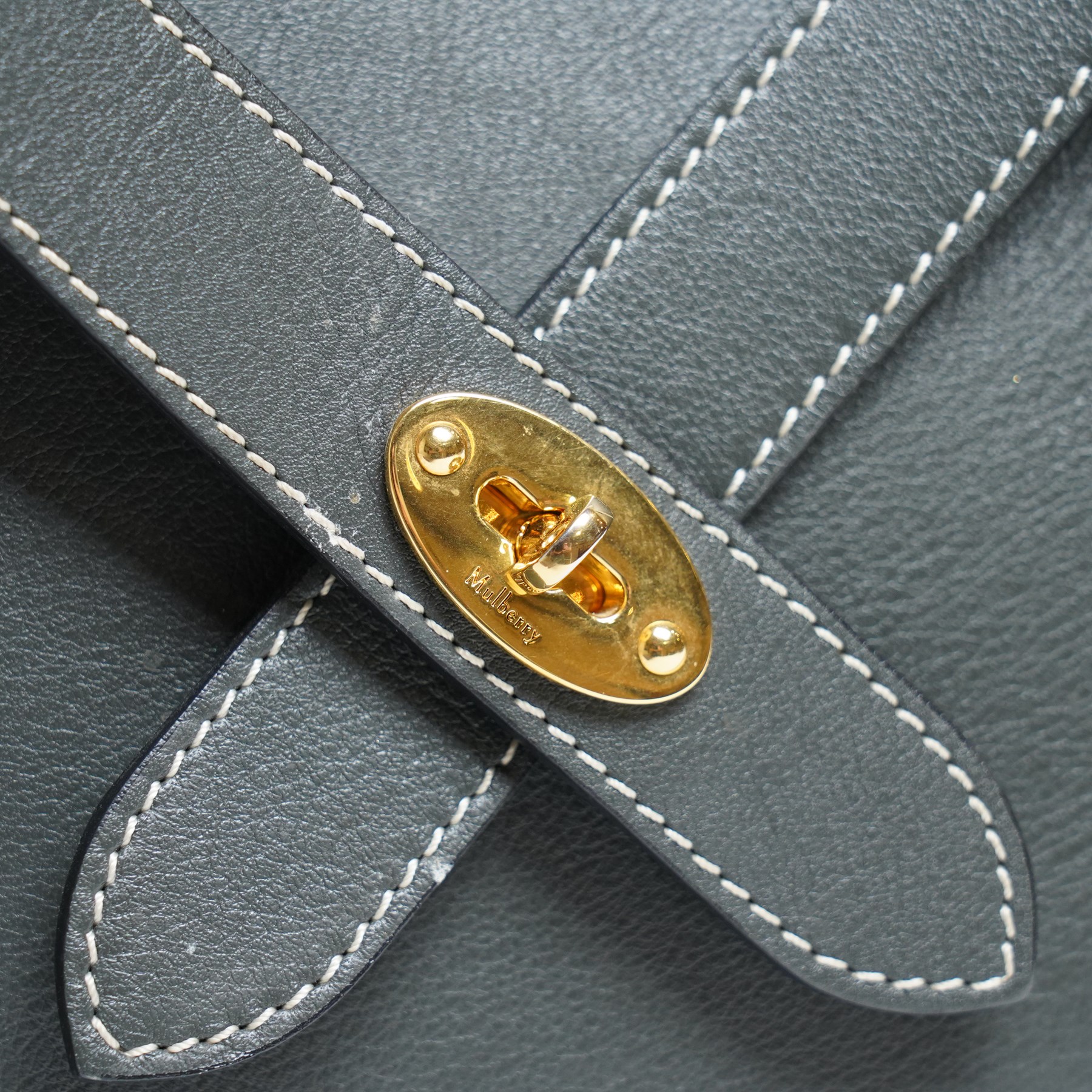 Mulberry - Zipped Bayswater handbag in grey calf leather, with contrasting white stitching, twin rolled leather top handles, crossover front straps with gold-tone Postman’s Lock fastening, zip top closure and gold-tone hardware, with original Mulberry dust bag