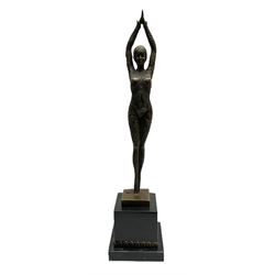 Art Deco style bronze figure of a dancer with hands raised above her head, after 'Chiparus', with foundry mark, raised upon a square base, H47cm