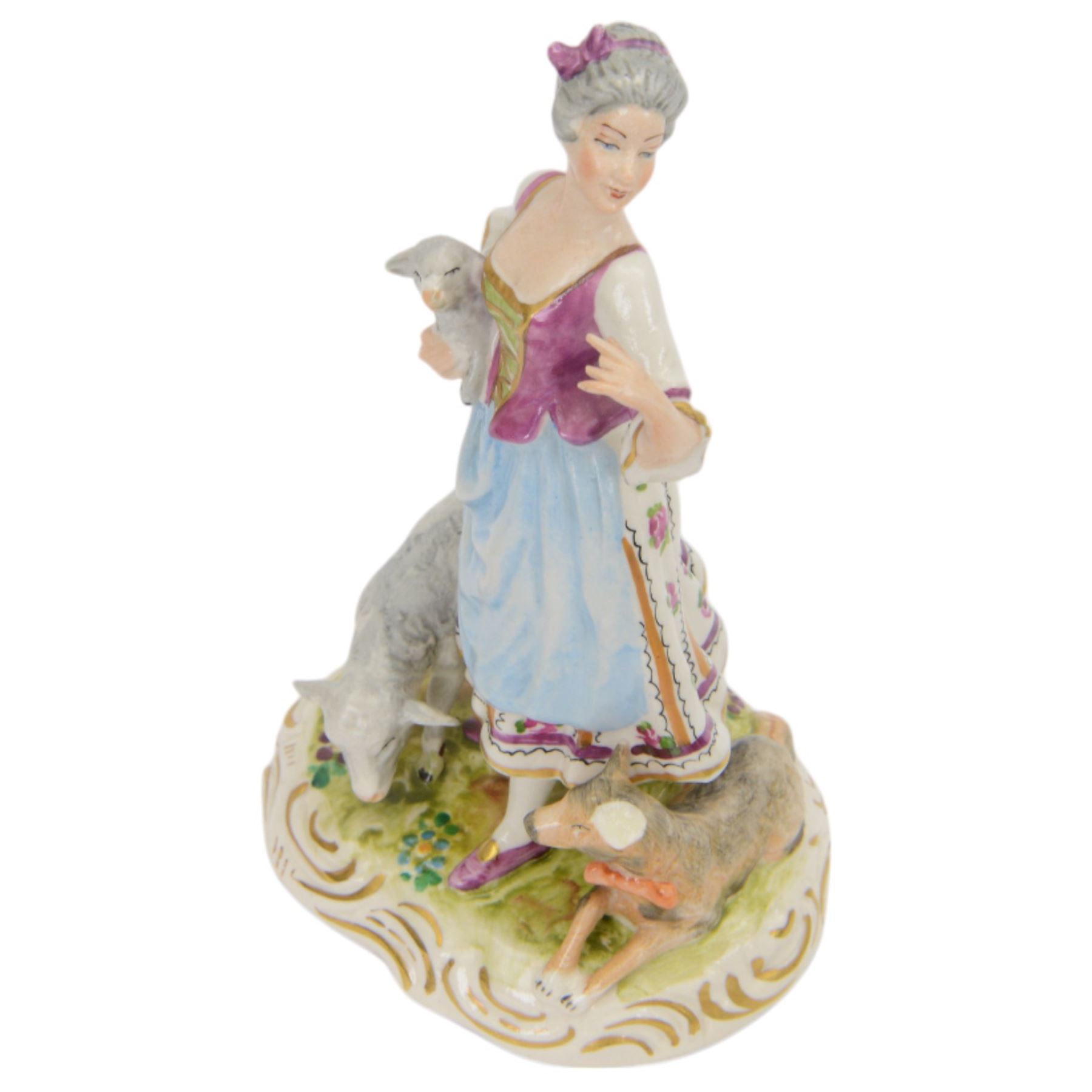 Sitzendorf figure modelled as a shepherdess, together with pair of apple sellers and other continental figures