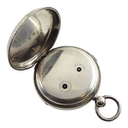 Victorian silver key wound chronograph pocket watch No. 94635, white enamel dial with Roman numerals, outer seconds track numbered 25-300, case by Stewart Dawson & Co, Birmingham 1882