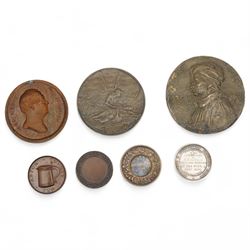 Peace Treaty bronze medallion for South African war after Emil Fuchs, another medallion with bust portrait of  of Amerigo Vespucci, the explorer, the reverse with Paolo dal Pozzo Toscanelli, small plaque with bust portrait of George Townsend, Canon of Durham 1850, Astor County shooting medallion and various others