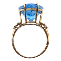 9ct gold pear shaped blue topaz ring, with diamond set shoulders, hallmarked