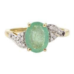  14ct gold oval cut emerald and diamond ring, hallmarked, emerald approx 1.55 carat