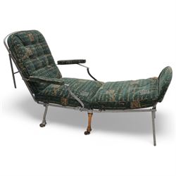 Victorian foldable day bed, button back padded arms, reupholstered in a green fabric with Latin script, turned feet with ceramic castors