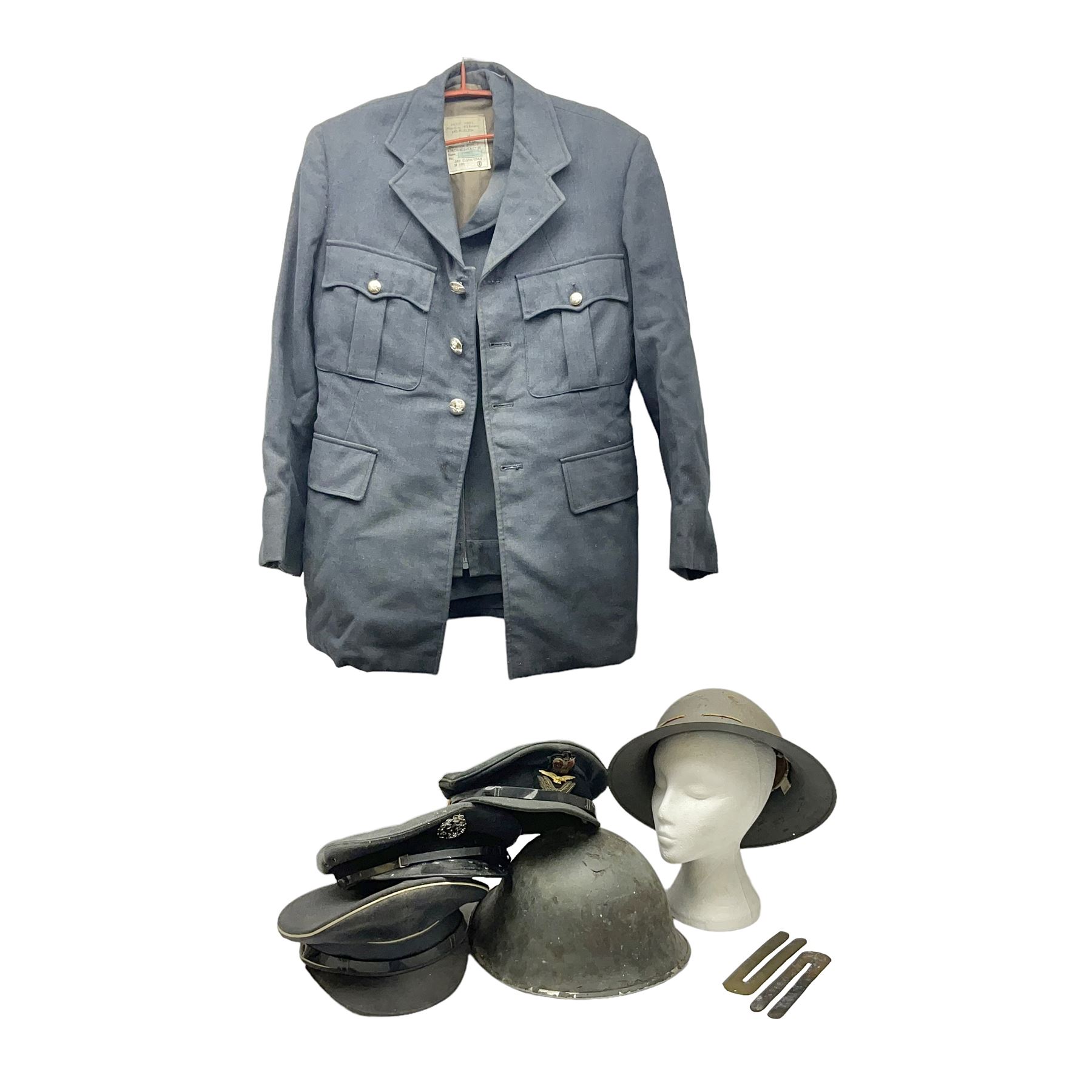 Two air force jackets, together with two helmets and Bamberger Mutzen Industrie German military hat and two others 