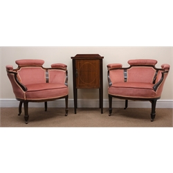  Pair Edwardian mahogany tub shaped chairs, upholstered in a salmon fabric, square tapering supports, spade feet on castors (W65cm) and an Edwardian mahogany inlaid bedside chest, single door (W40cm, H76cm, D41cm) (2)  
