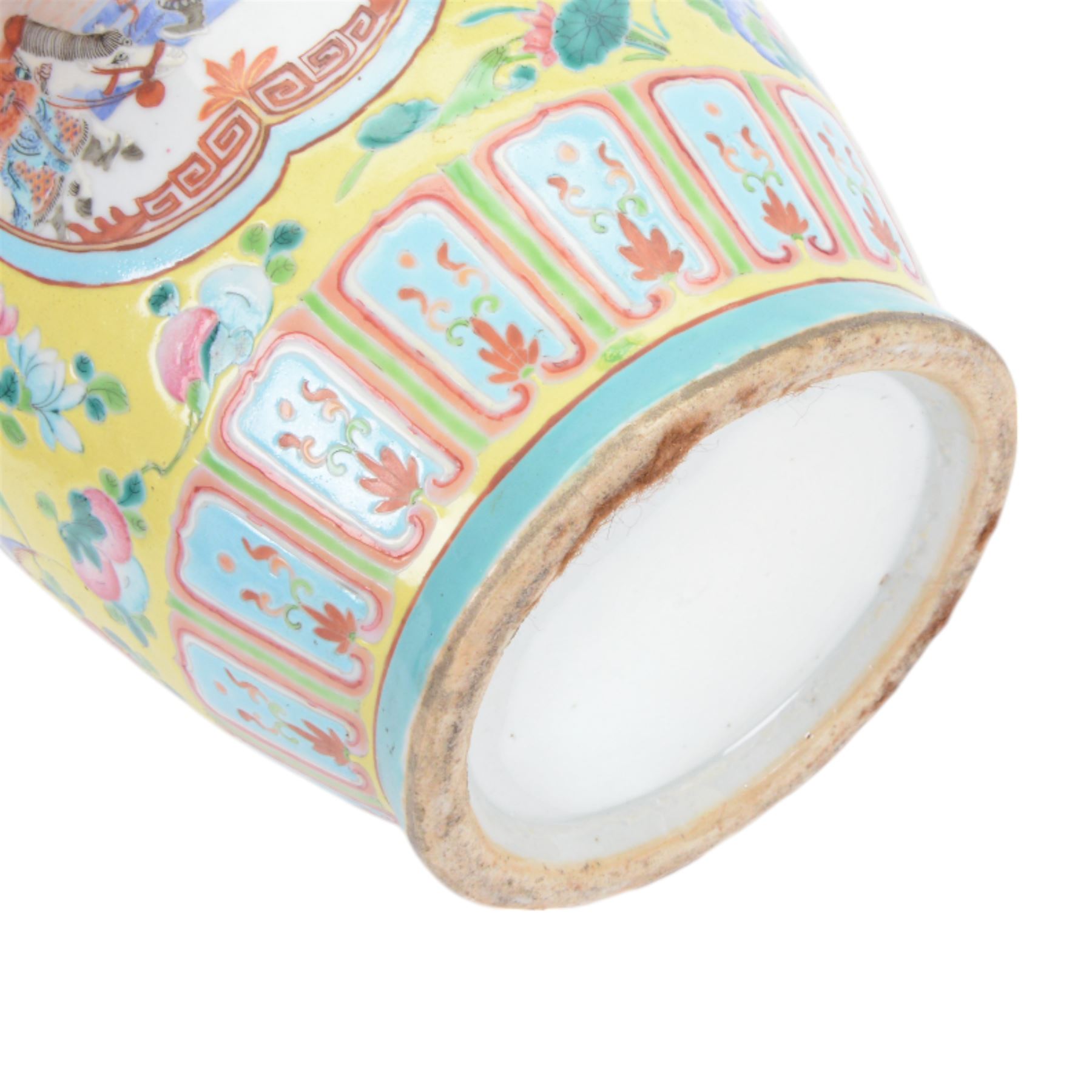 19th century Chinese famille rose yellow ground porcelain vase, of baluster form with twin applied mask ring handles, the body decorated with two shaped reserves mounted with dragon heads, depicting warriors at battle and at court, the neck with two smaller conforming figural reserves, upon a yellow ground decorated with exotic birds amidst scrolling blossom, H45.cm