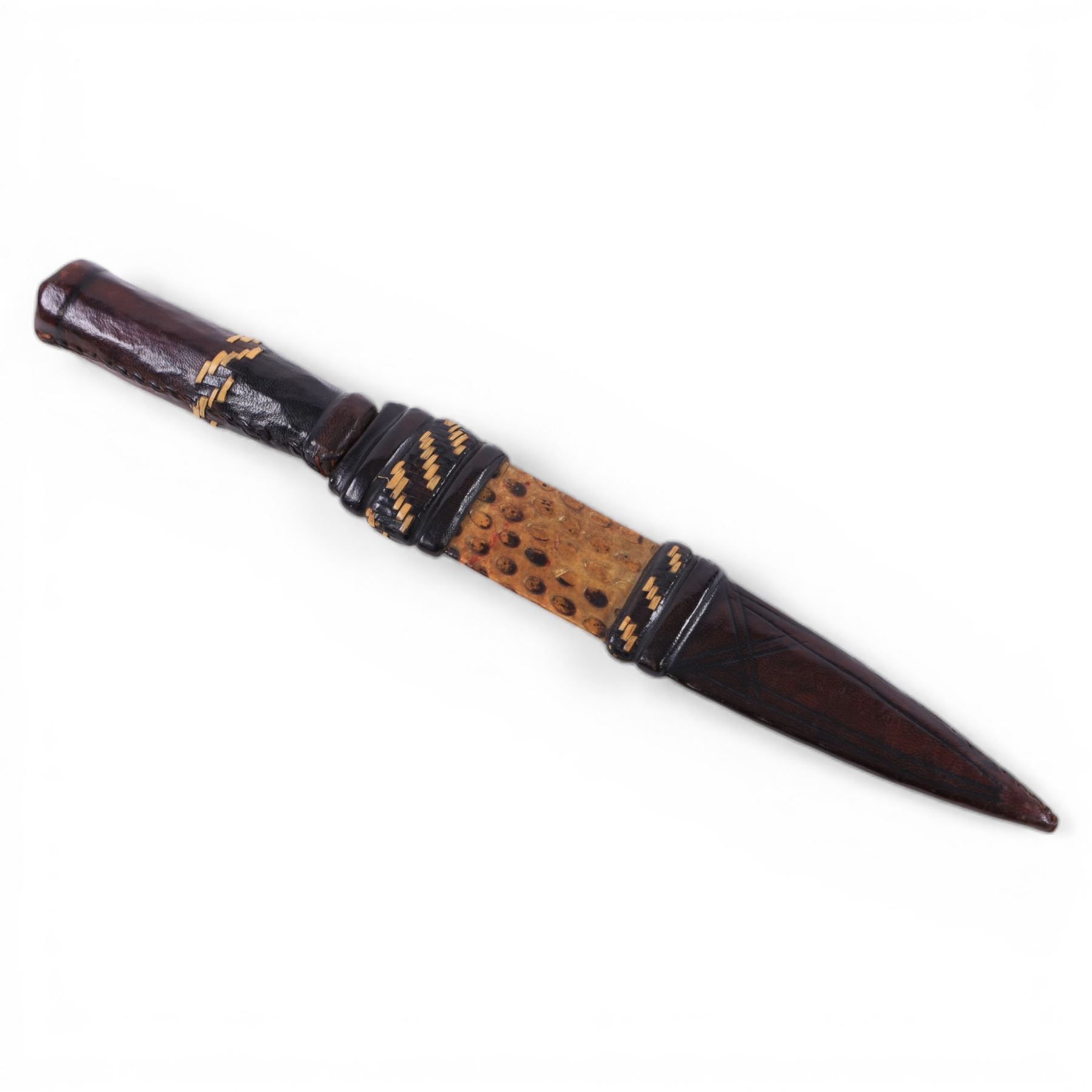 African dagger, with leather handle and scabbard, overall L32cm