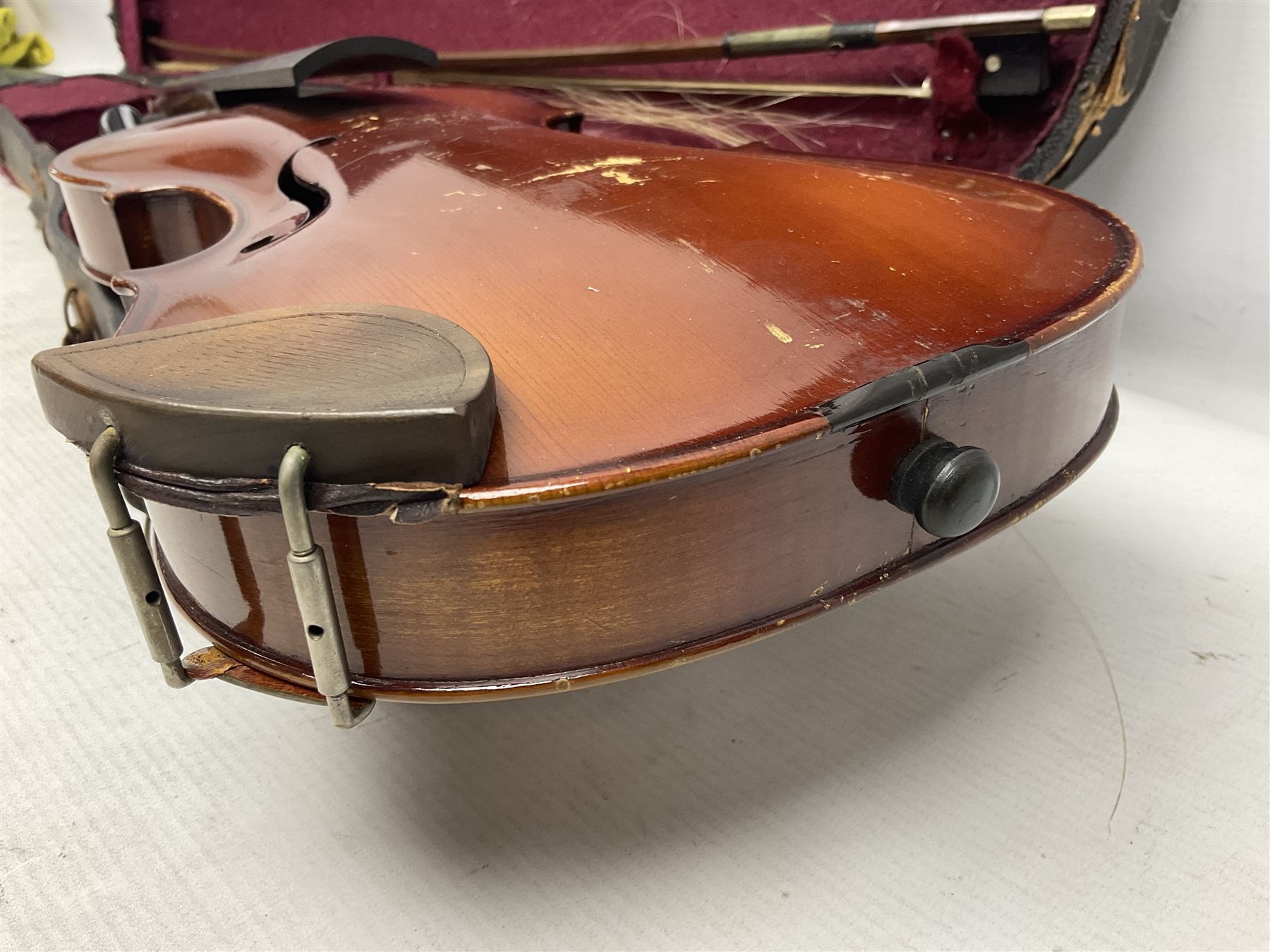 German trade violin 1950s with 36cm two-piece maple back and ribs and spruce top, bears label 'Johann Stainer in Absam prope Oenipontum 1650' L59cm; in carrying case with bow impressed Tourte