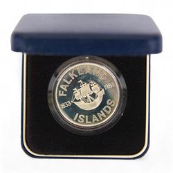 Six Queen Elizabeth II The Royal Mint silver coins or sets, comprising Falkland Islands 1983 '150th Anniversary' fifty pence, Belize 1992 '50th Anniversary Battle of El Alamein 1942-1992' five dollars two coin set, Guernsey 1995 'Queen Elizabeth The Queen Mother 95th Birthday' one pound, Barbados 1997 'Golden Wedding Anniversary' one dollar, Alderney and Guernsey 2001 'Celebrating The Queen's Seventy-Fifth Birthday' one pound two coin set and Alderney and Guernsey 'Celebrating The Queen's Seventy-Fifth Birthday' five pounds two coin set, all cased with certificates