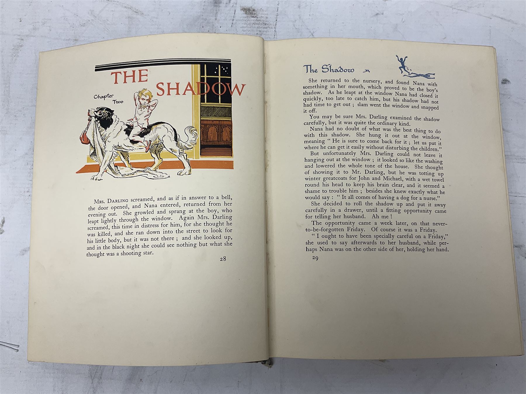 Peter Pan and Wendy, by J. M. Barrie, decorated by Gwynedd M. Hudson, published by Hodder and Stoughton Limited, for Boots Pure Drug Co., Ltd., Nottingham, as part of the J. M. Barrie's 