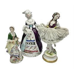 Continental figure modelled as a girl holding her lace skirt upon a circular base, together with two other figures, largest H22cm
