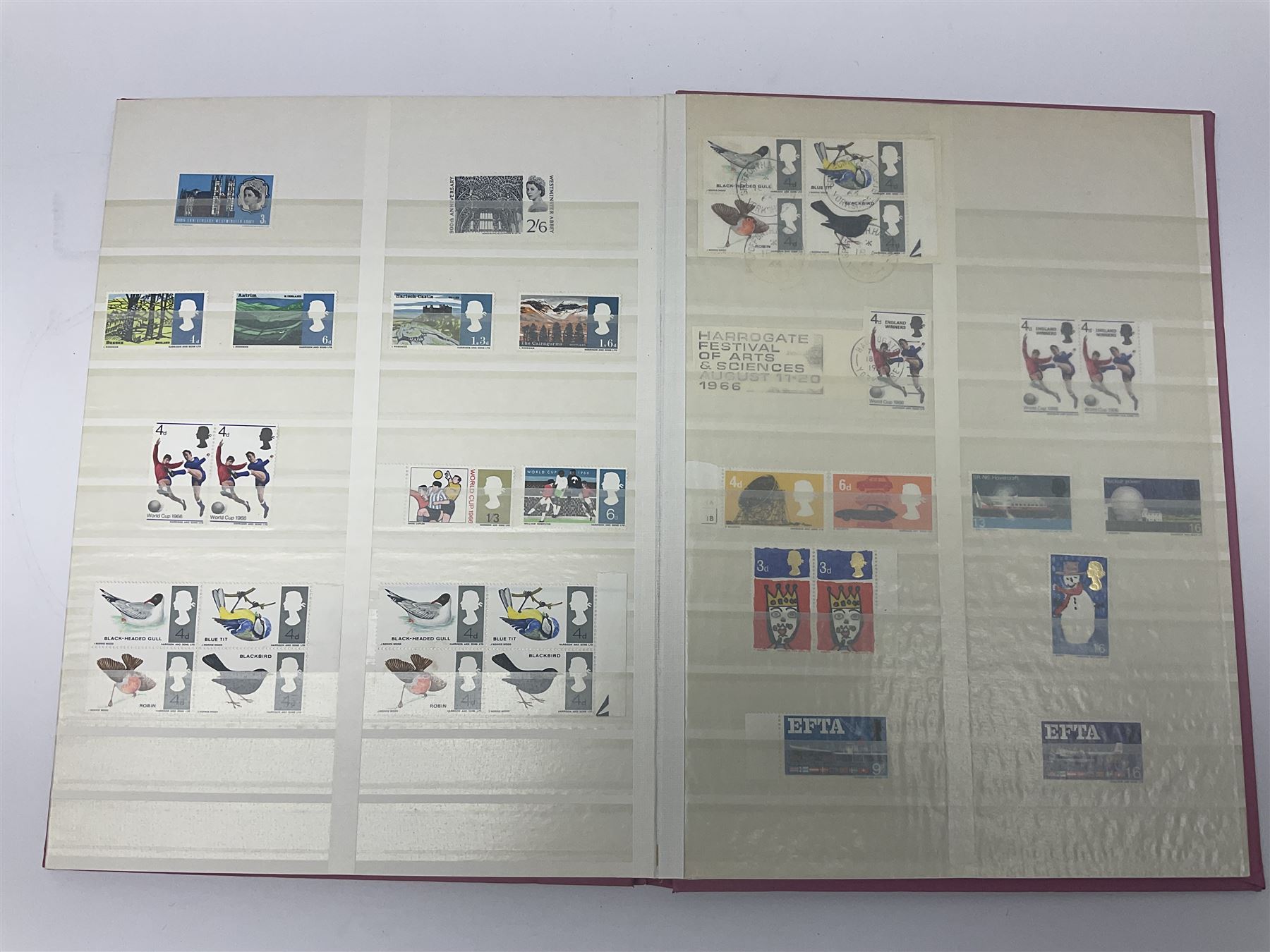 Mostly Great British stamps, including King Edward VII two shillings and sixpence, five shillings and ten shillings, King George V seahorses, King George VI high values, Queen Elizabeth II pre and post decimal etc, housed in a pink stockbook 