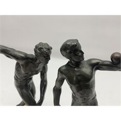 Bronzed model of the discus thrower and another of a episkyros player, both raised upon retangular plinths, H18cm