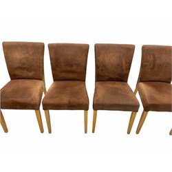 Set of eight dining chairs, light oak legs, brown suede upholstery