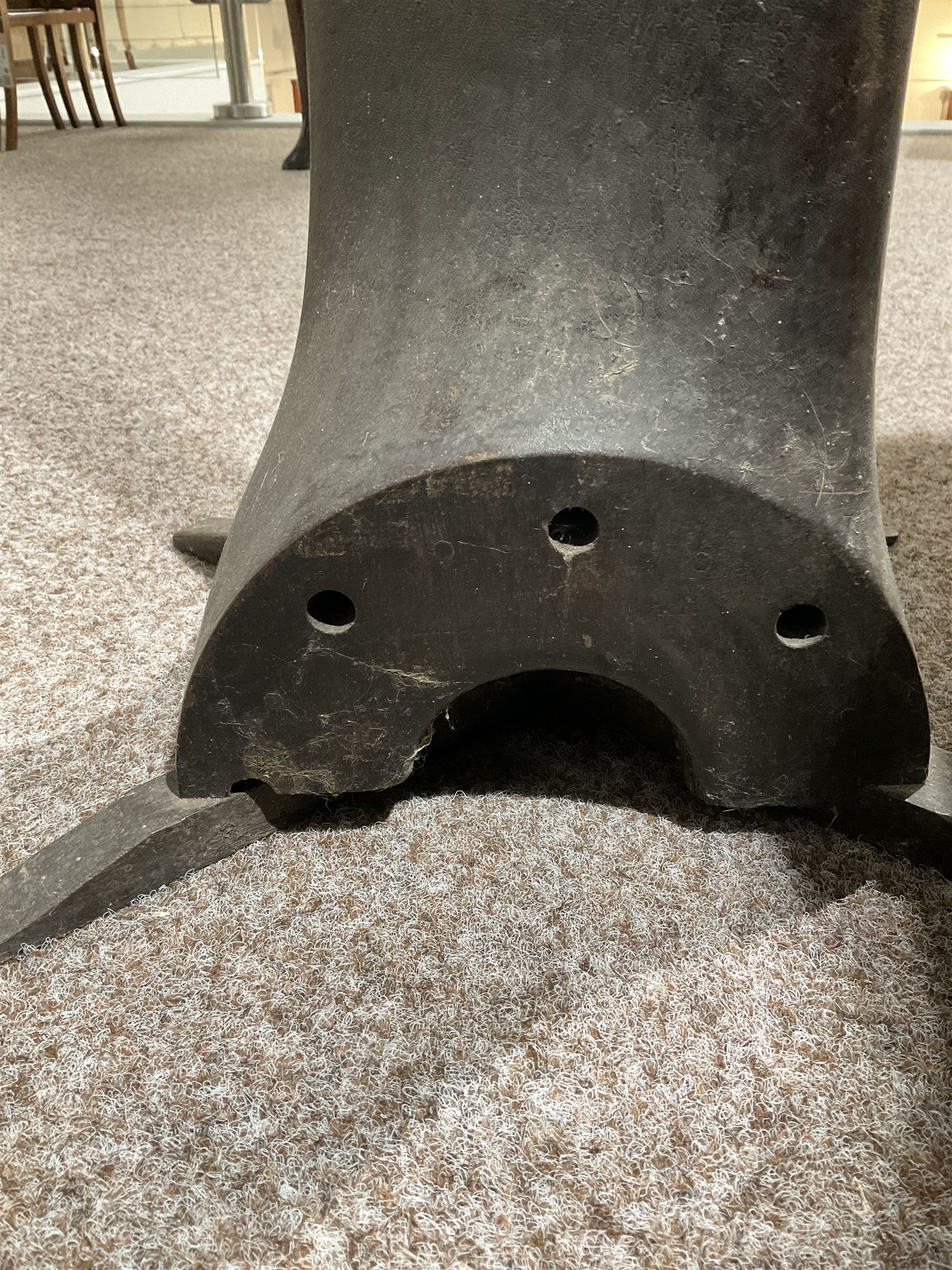 WWI wooden propeller blade from a Royal Aircraft Factory S.E.5, mounted on a four-legged metal base