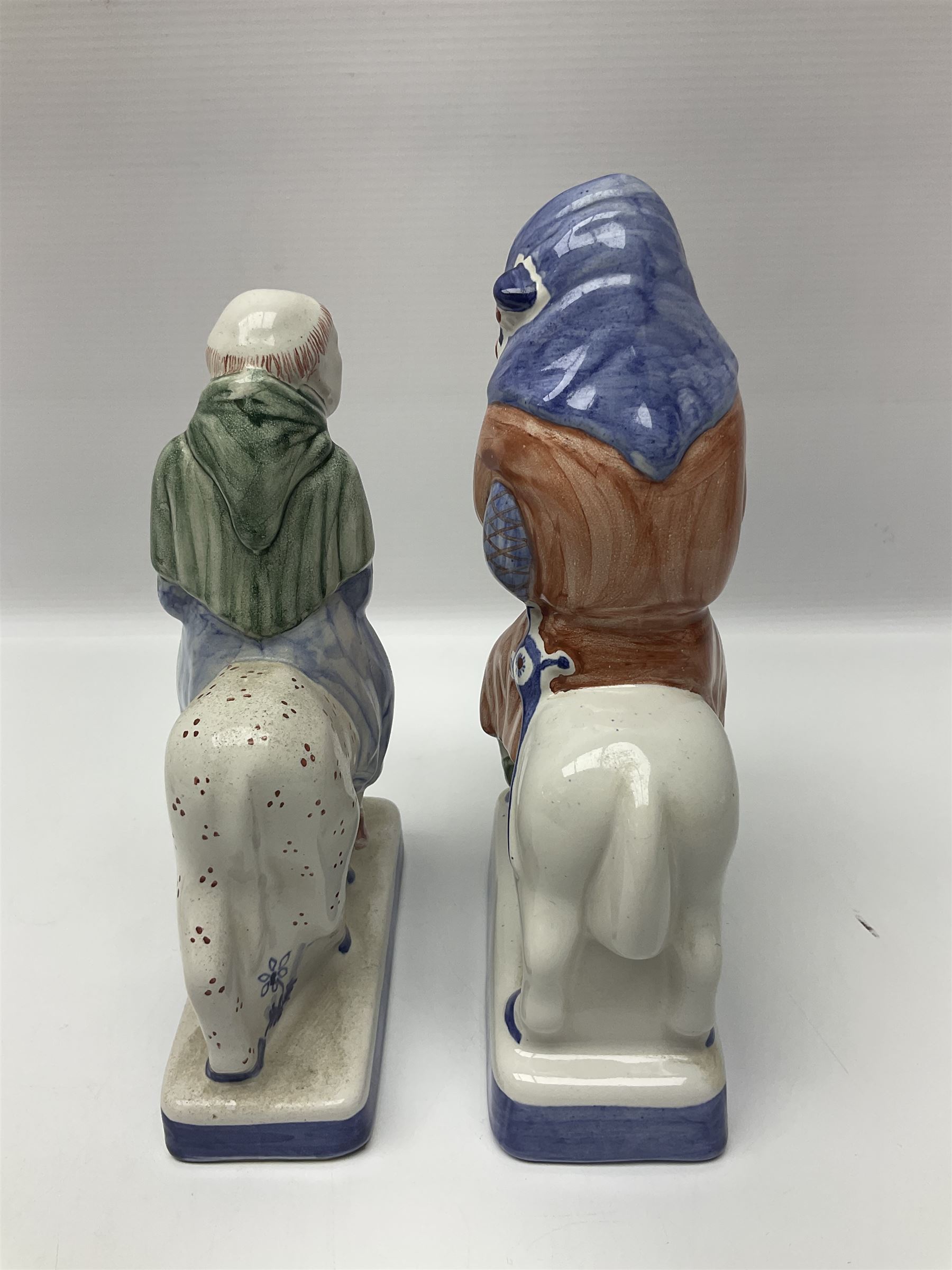 Three Rye Pottery Canterbury Tales figures, comprising The Miller, The Monk and The Franklin, together with a Canterbury Tale tile The Knight, tallest H24cm