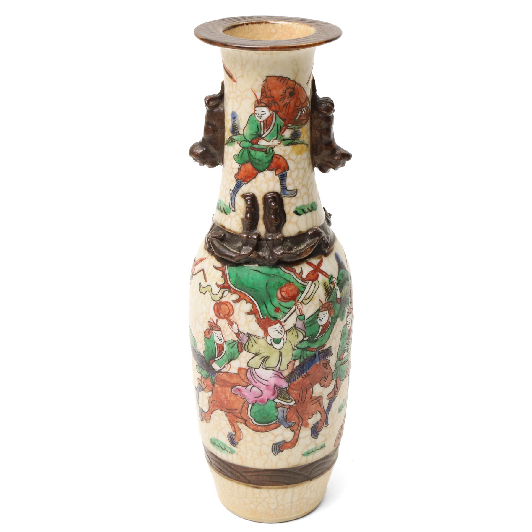 Chinese Nanking vase, painted with a scene of warriors, H28.5cm; together with a glazed figure of a Tang horse, a figure of an Emperor and a Tomb warrior (4)