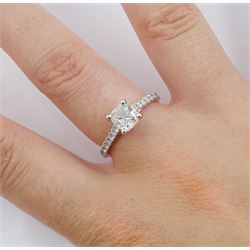18ct white gold single stone cushion cut diamond ring, with diamond set shoulders, hallmarked, principal diamond 1.01 carat, with International Gemological Institute Report