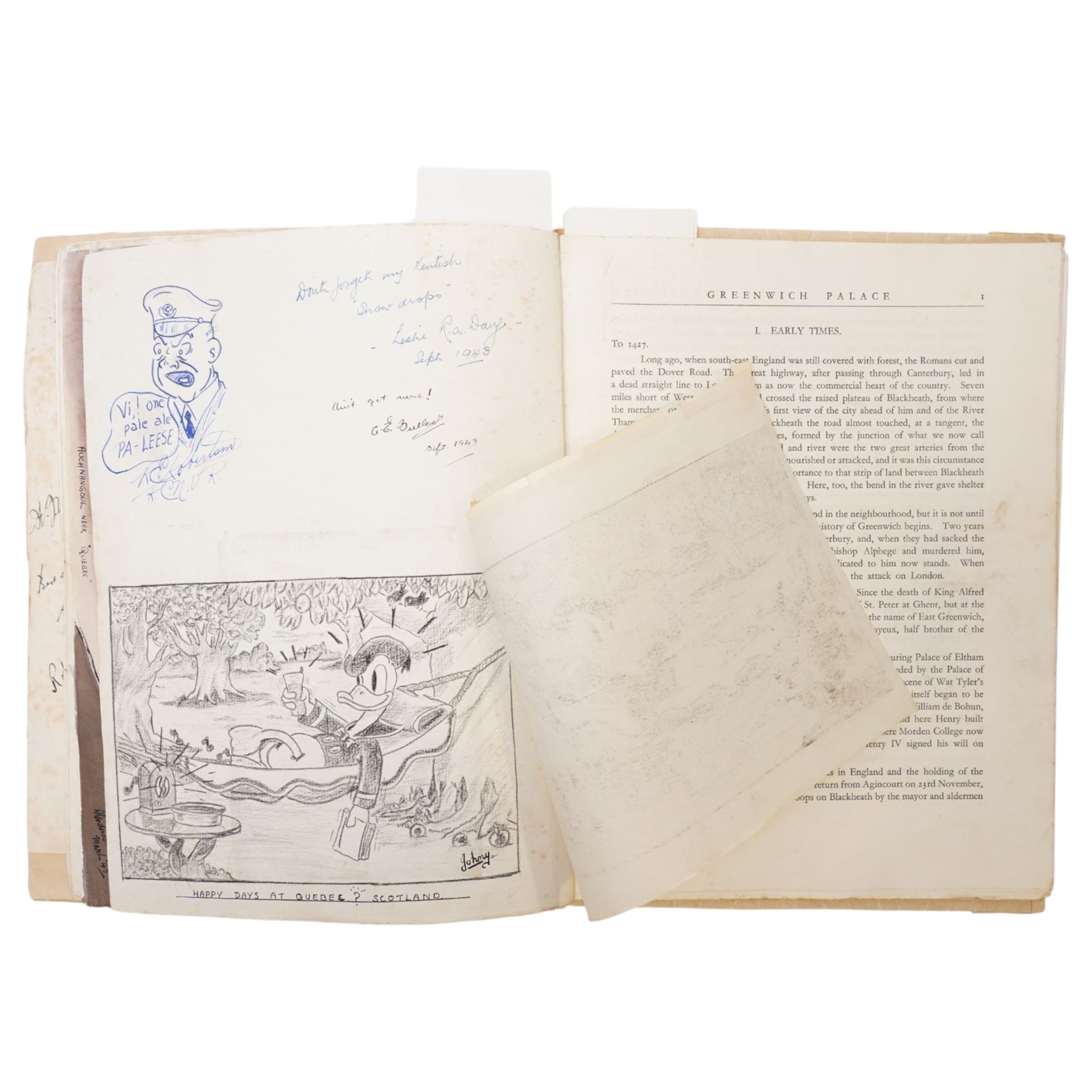 Violet Elizabeth Clifford - Chief Petty Officer 1940-1946, copy of Greenwich Palace  Guide Book containing a collection of photographs, autographs, drawings etc collected during her time at the Combined Operations Training Centre, Inverary which closed in 1946, together with a White Ensign 