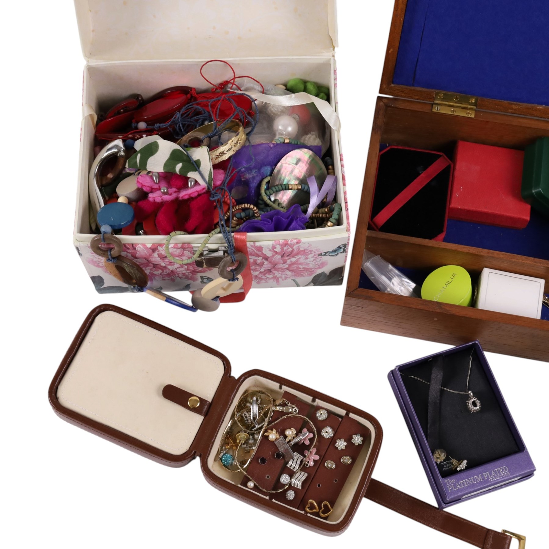 Silver jewellery, including pair of Chamila rose earrings, other earrings and rings, together with a collection of costume jewellery and watches