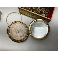 9ct gold bangle, hallmarked, pair of Pandora silver infinity earrings, 9ct gold stone set studs, other silver jewellery, costume jewellery, Stratton compact mirror and a Vincenza glass basket