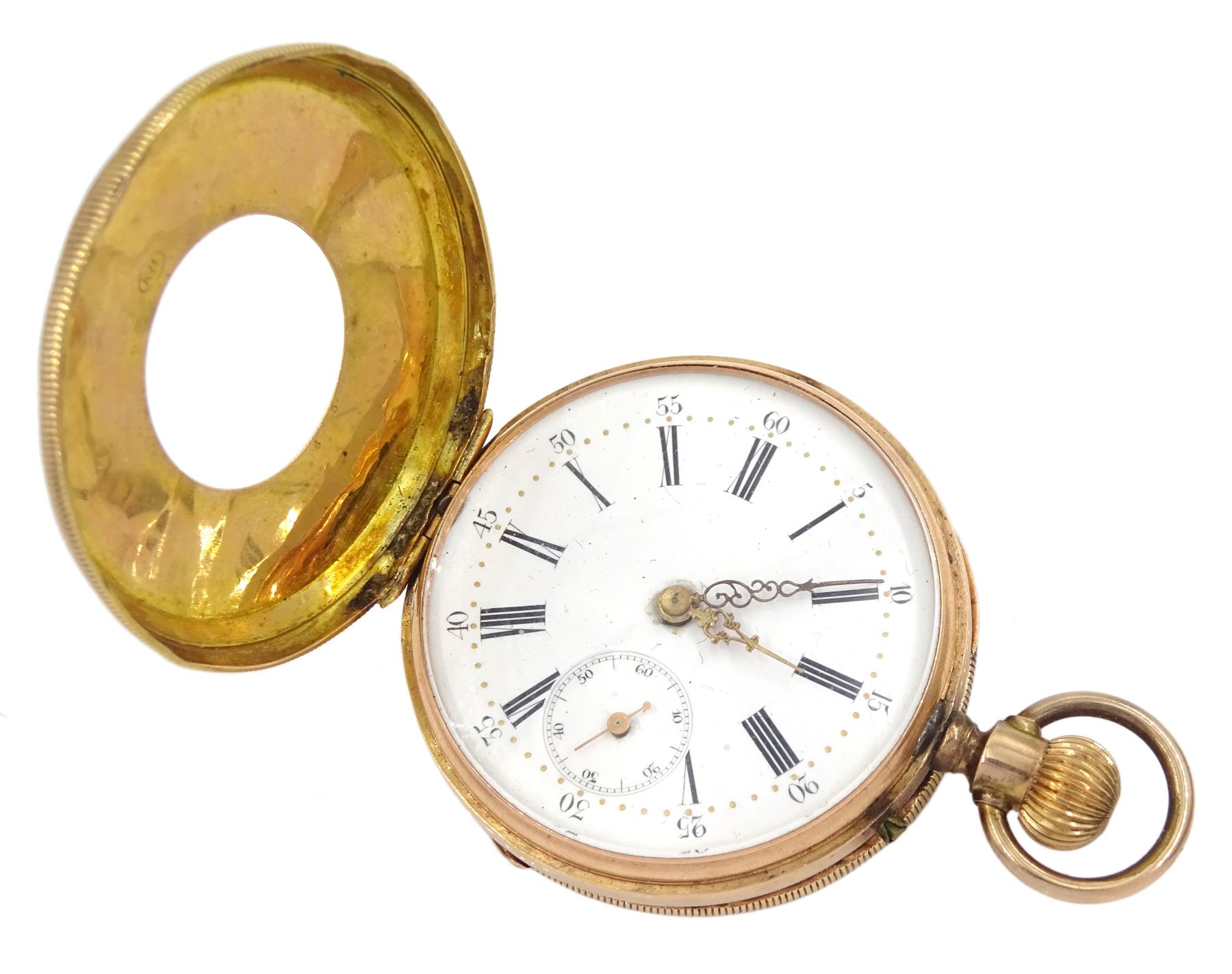 Early 20th century 14ct gold half hunter Swiss lever pocket watch, white dial with Roman numerals and subsidiary seconds dial and an 18ct gold open face cylinder pocket watch, both stamped