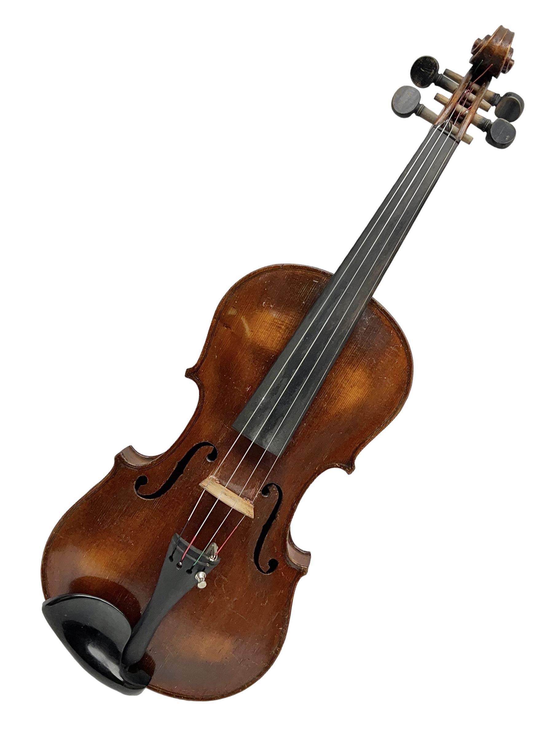German trade violin c1900 the 36cm two-piece maple back impressed 'Stainer', maple ribs and spruce top, bears label 'Jacobis Stainer in Absam prope Oenipontum 17**' L59cm; in carrying case marked 'The Improved Dome' with bow