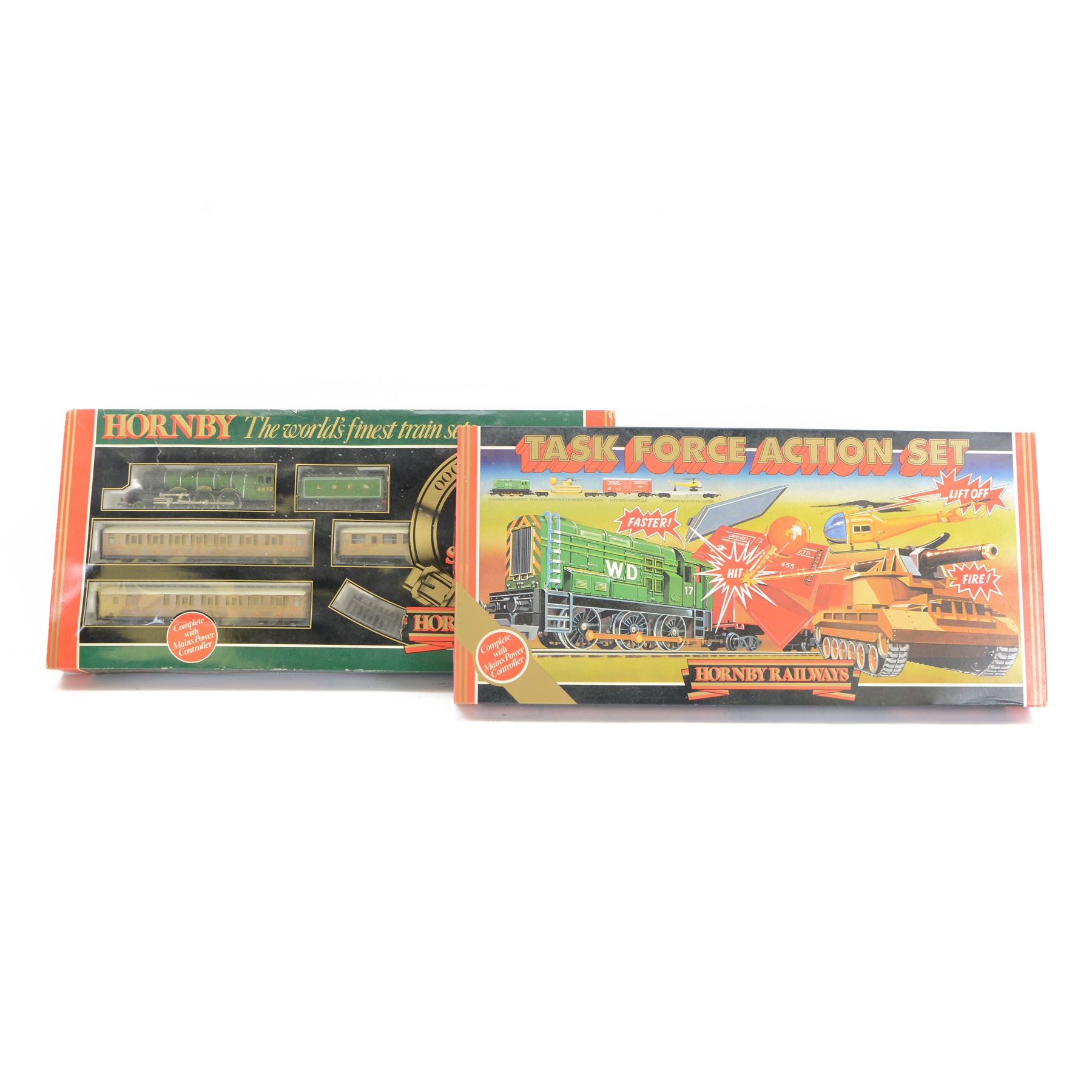 Hornby '00' gauge R580 'Task Force Action Set', including 0-6-0 diesel WD locomotive no. 17 in green livery, tank, rockets wagon and track, together with Hornby '00' gauge R548 'Flying Scotsman' Train Set, both boxed
