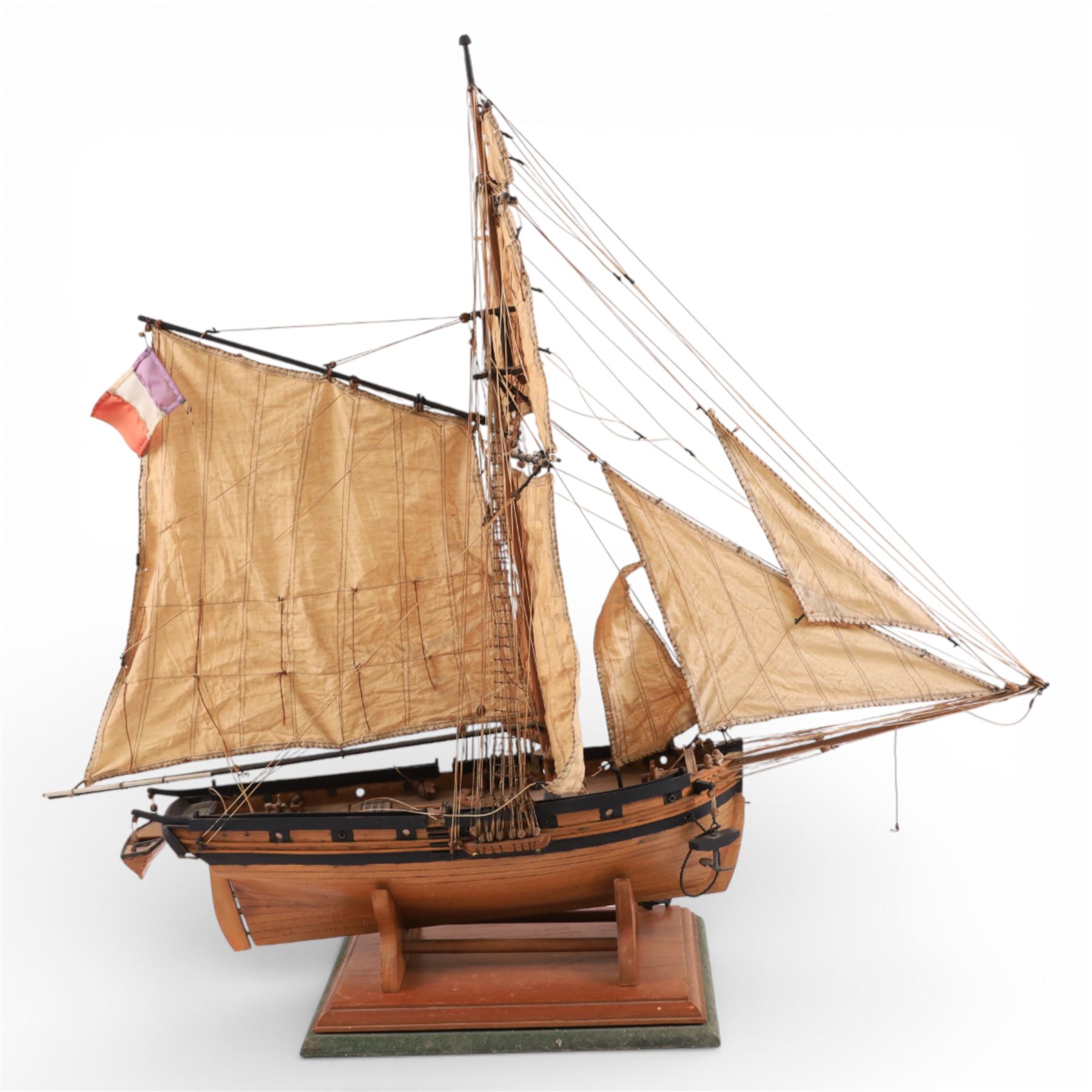 Kit built wooden schooner ship model, upon wooden plinth, H63cm, W63cm