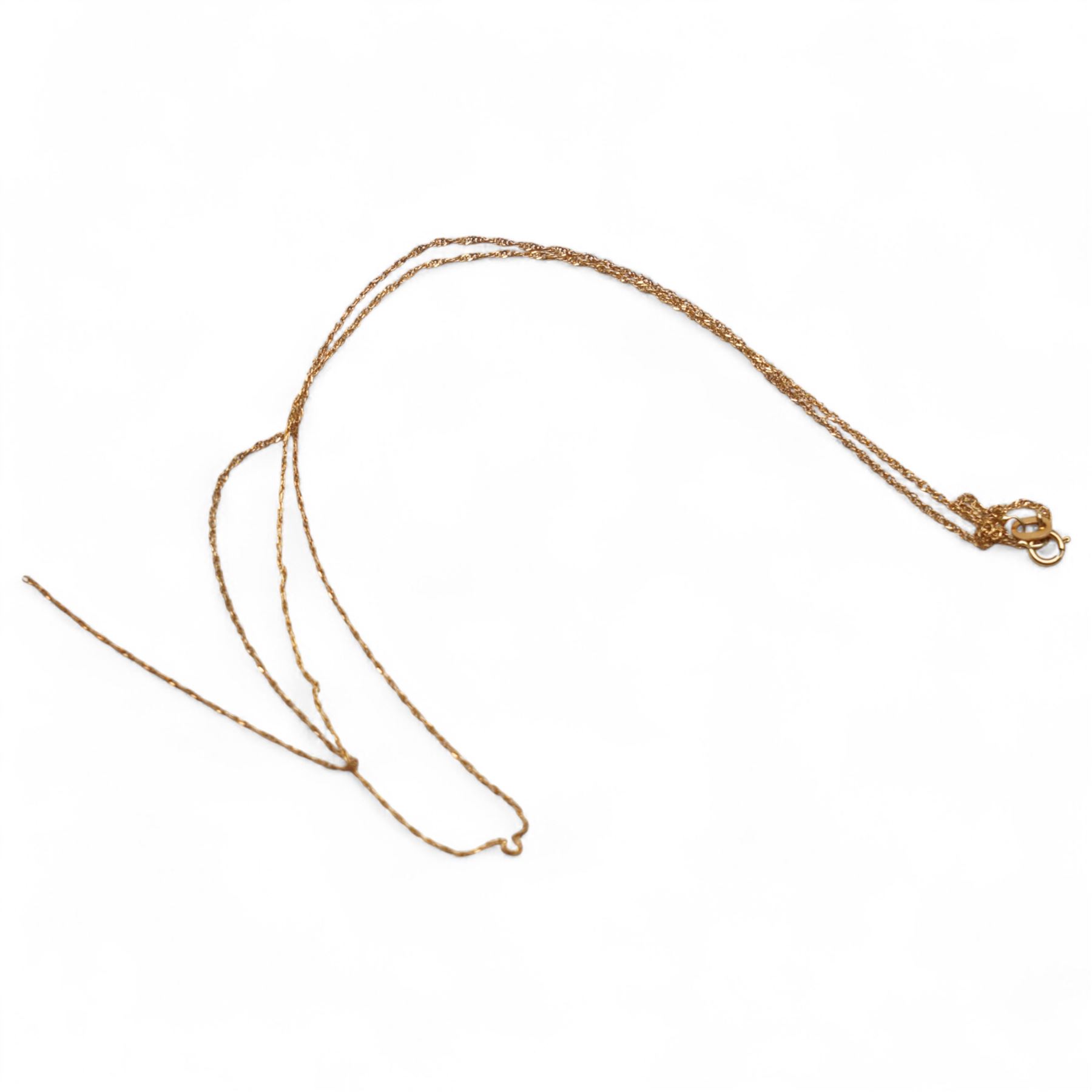 9ct gold jewellery including signet ring, single stone sapphire ring and chains, 14ct gold glass pendant, silver ring, silver bangle and a silver box