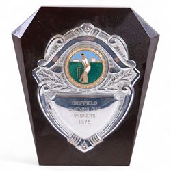 1950s and later cricket trophy cups and plaques, including LT Shipman's CC Winners Carpenter Cup & Shipman Cup 1954 trophy, Shipman's Cup 1956 and The Filbert's Winners 1956 SWBCC plaque, tallest H18.5cm