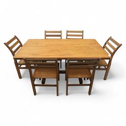 Treske of Thirsk - solid oak refectory dining suite, rectangular top with chamfered edge over trestle base united by a central stretcher, together with six matching slat back dining chairs, including two carvers, with panelled seats and square legs united by stretchers (H 87cm, W 62cm, D 57cm)