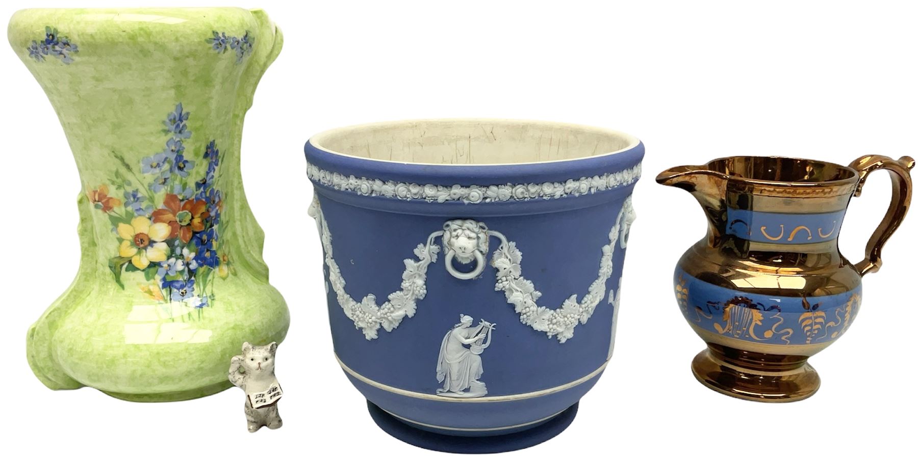 Victorian Wedgwood blue jasperware jardiniere H16.5cm; Victorian copper lustre jug; James Kent art deco style green glazed jug; and Beswick figure of a singing cat (4)