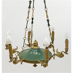 Empire style six light chandelier, green and gilt metal with swan design arms , suspended on three chains, height when suspended approx 68cm, diameter 57cm, not tested