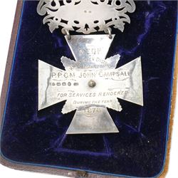 Victorian silver Past Provincial Grand Master jewel from the Independent Order of Oddfellows awarded to John Campsall, Knottingley District, Birmingham 1878, cased and a sash