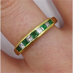 18ct gold princess cut emerald and diamond half eternity ring, London 1989