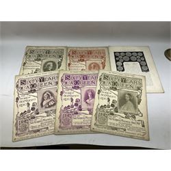 Olive wood lidded urn/vase, brass inkwell, Art Deco style perpetual desk calendar, leather bound Chesterman tape measure, brass roasting spit, Punch Magazines etc