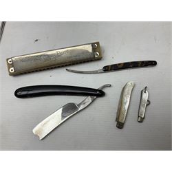 Silver and mother of pearl folding fruit knife together with a similar silver folding button hook, 19th century surgical knife in tortoiseshell cases by Krohne & Sesemann and three Hohner harmonicas, quantity of vintage child's games and toys to include cards, puzzles and misc, Rudyard Kipling, Wood's Illustrated Natural History, Twenty Poems from Rudyard Kipling First published in 1918 Methuen & Co Ltd, London, 1958 Observer cutting etc 