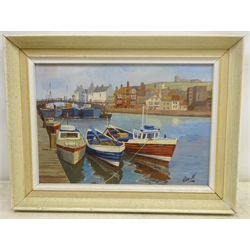 Don Micklethwaite (British 1936-): Boats at Whitby, oil on board signed 24cm  34cm