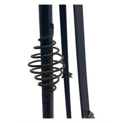 Late 19th century wrought iron and brass pulpit lamp, featuring an adjustable stem with a spiral twist detail, brass foliate mounts, and a tripod base with scrolled feet and decorative floral accents