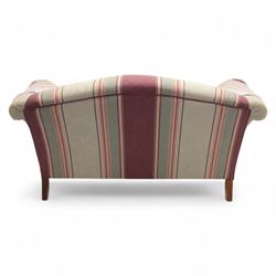 Traditional design two seater sofa, upholstered in striped blue and purple fabric