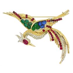 Boucher bird of paradise gilt paste stone set brooch, stamped 