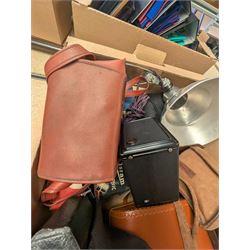 Collection of vintage cameras and photography equipment, including Minolta Riva Pico camera, Ensign Ful-VUe camera, Agfa Synchro Box, Yashica TL-Electro SLR Camera, pair of Ajaz 10x50 binoculars, etc