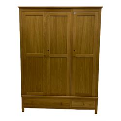 Corndell Furniture - light oak triple wardrobe, enclosed by three panelled doors, one long and one short drawer