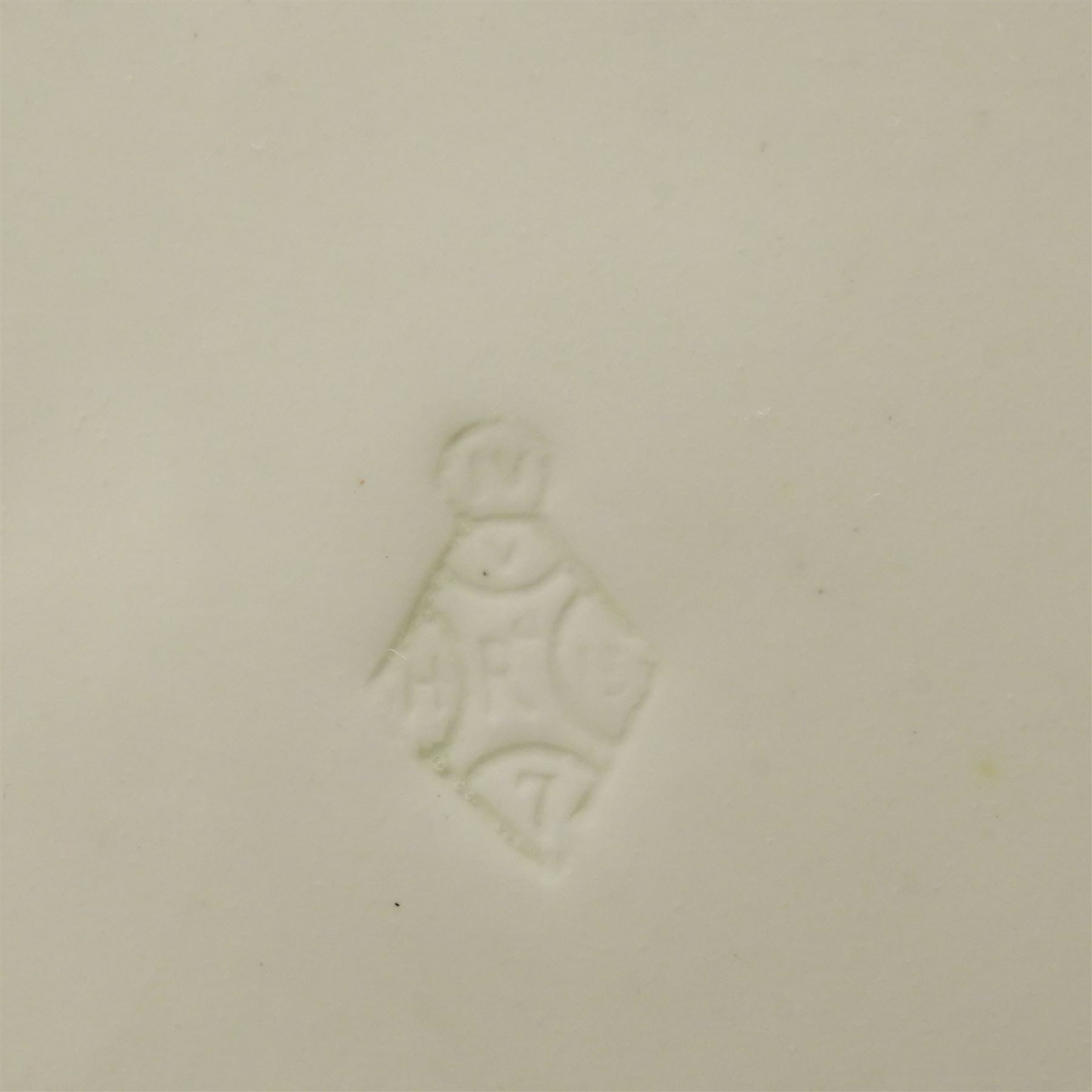 Set of six Victorian porcelain plates, each hand painted with rural landscapes, within scallop egde borders, pattern no. 122 and impressed Rd. marks, D22.5cm (6)