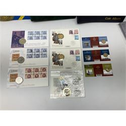 Coins, banknotes and accessories, including British Armed Forces notes, O'Brien five pound note 'C85',  Gill twenty pound note '14W', various The Royal Bank of Scotland one pound notes, German notes etc, coin covers, empty albums, reference books etc, in one box